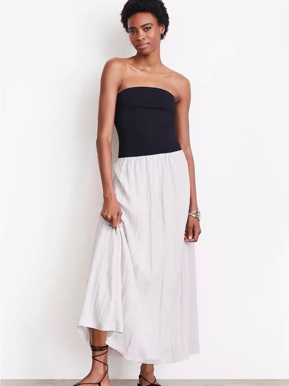 Strapless Mixed Media Maxi Dress. Double Lined in Black and Stone